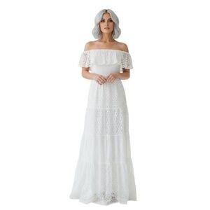 NWT NIGHTCAP CLOTHING Off the Shoulder Eyelet crochet Lace Boho Maxi Dress XS